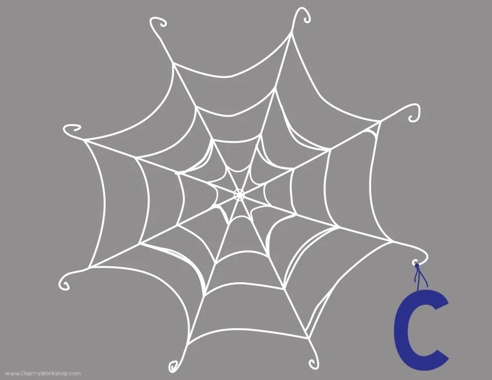 Letter C spider web mat with a capital C hanging from the gray web, for matching the C letter and picture cards