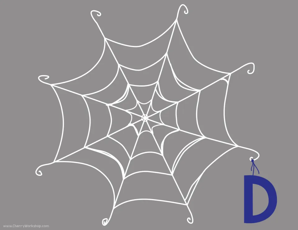 Letter D spider web mat: capital D on a thread below the web, the spot for the D letter and beginning sound cards
