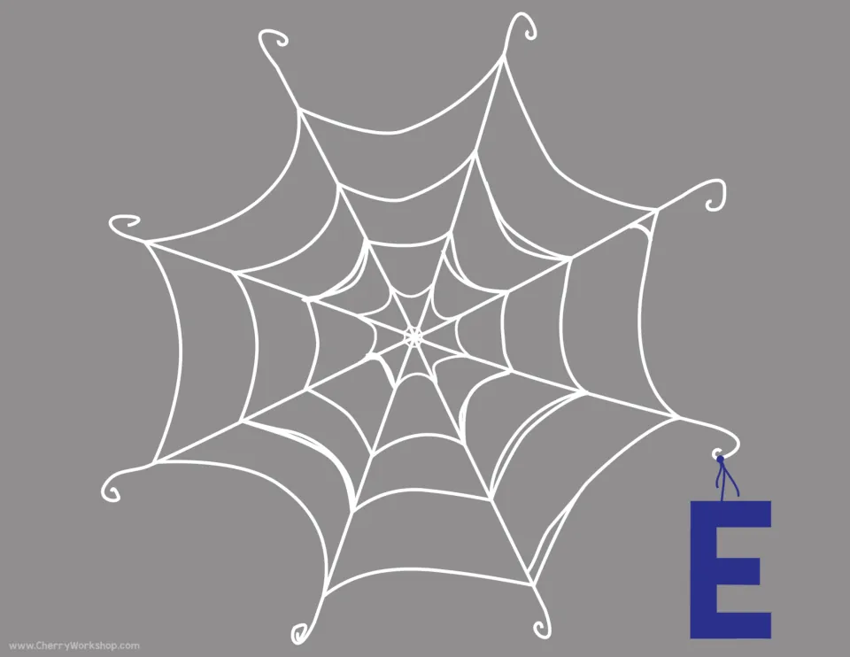 Letter E spider web mat with a hanging capital E, matched with three E letter cards and three E picture cards