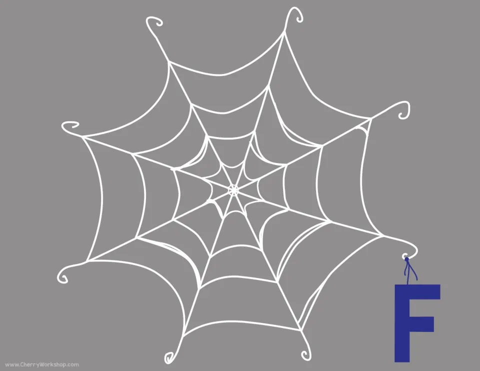Letter F spider web mat: a capital F hangs from the web for sorting the F letter cards and beginning sound pictures