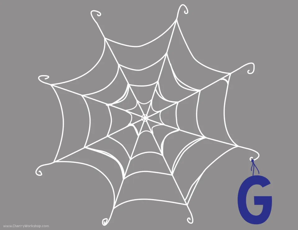 Letter G spider web mat with capital G hanging from the gray web, where the G letter and picture cards are matched