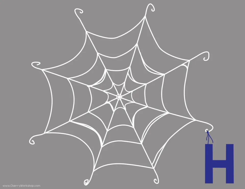 Letter H spider web mat: a capital H on a thread from the web, matched with the H letter and beginning sound cards