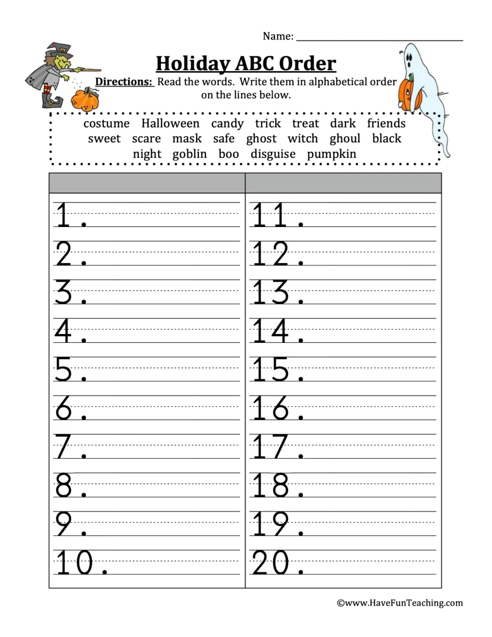 Halloween alphabetizing practice: put 20 words, including costume, candy, ghost, and pumpkin, in ABC order