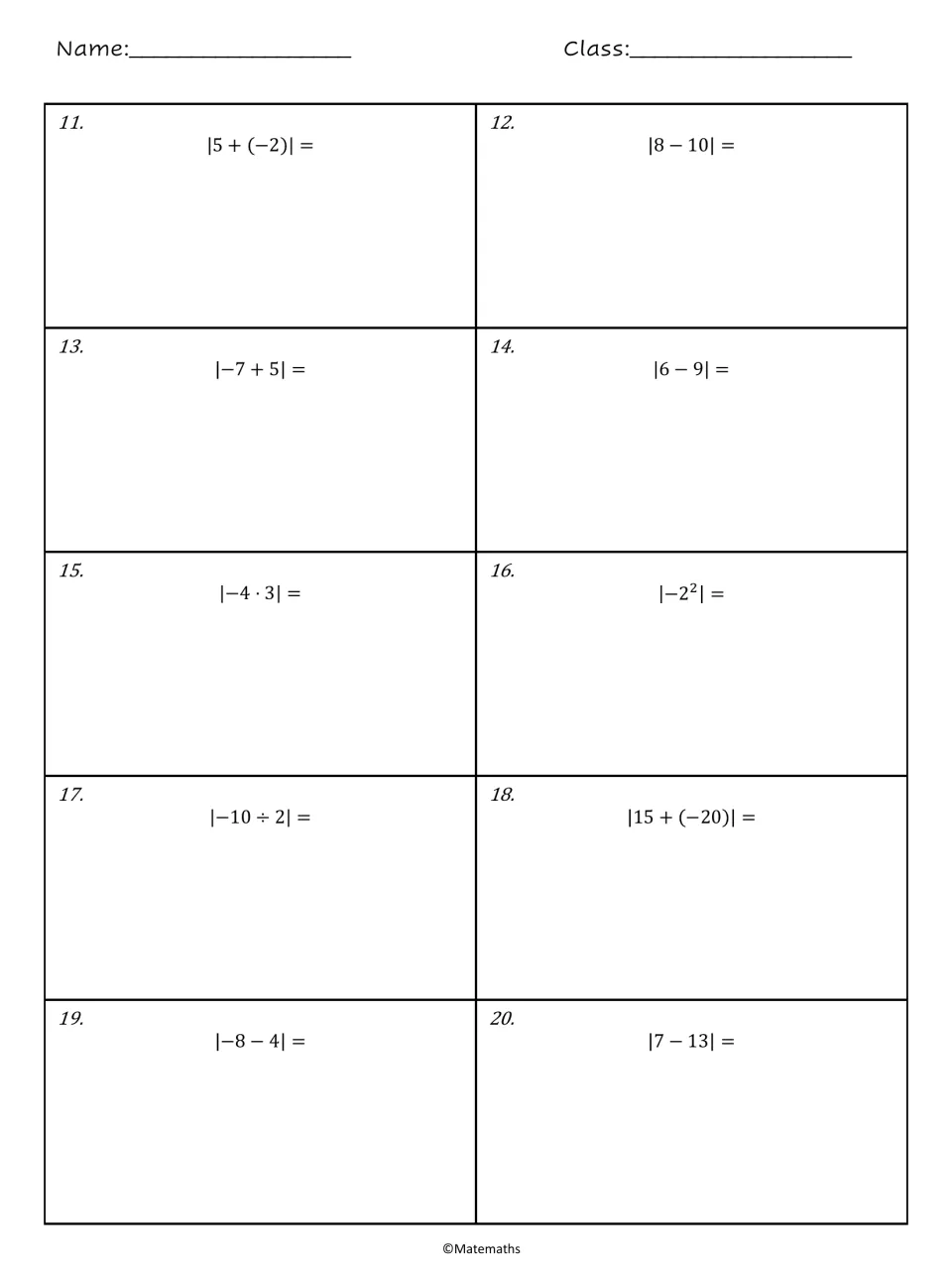 Absolute value of expressions: students simplify inside the bars first, e.g. |5 + (−2)|, |−4 · 3|, |−2²| and |7 − 13|