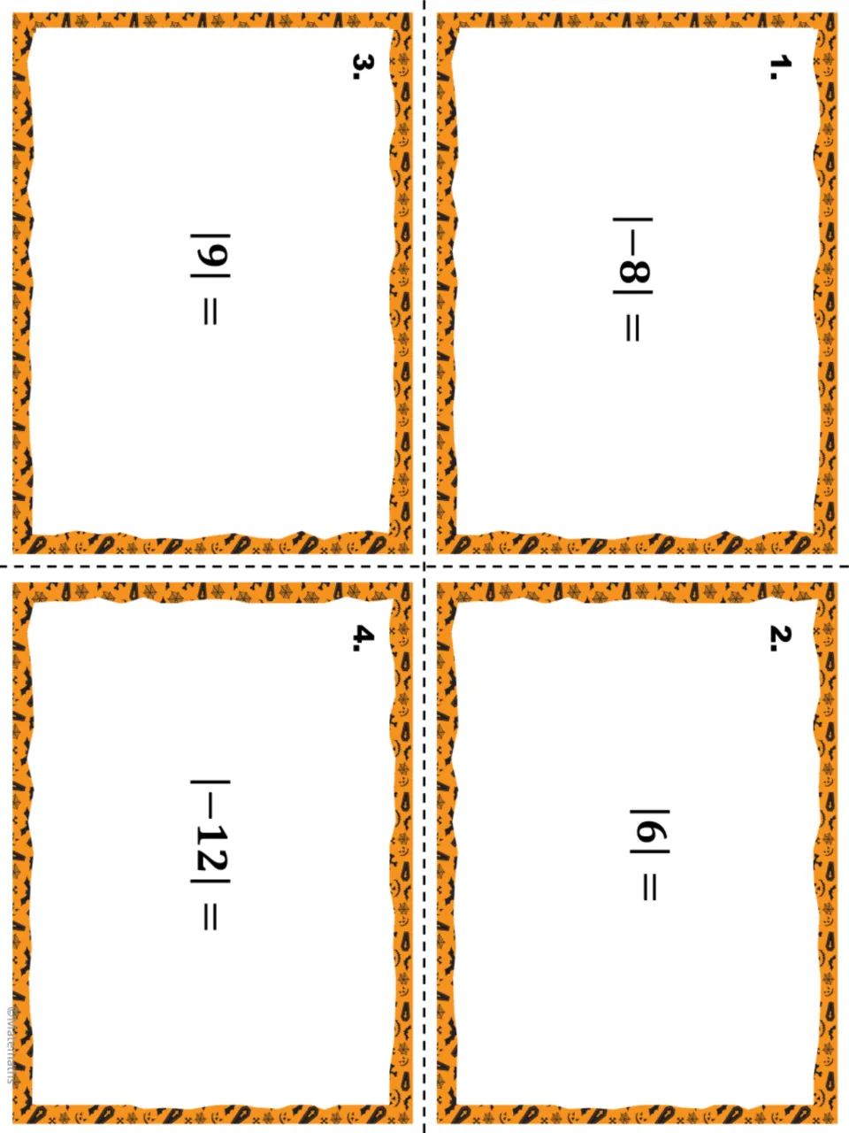 Halloween task cards 1–4: students find the absolute value of −8, 6, 9 and −12, one integer per card