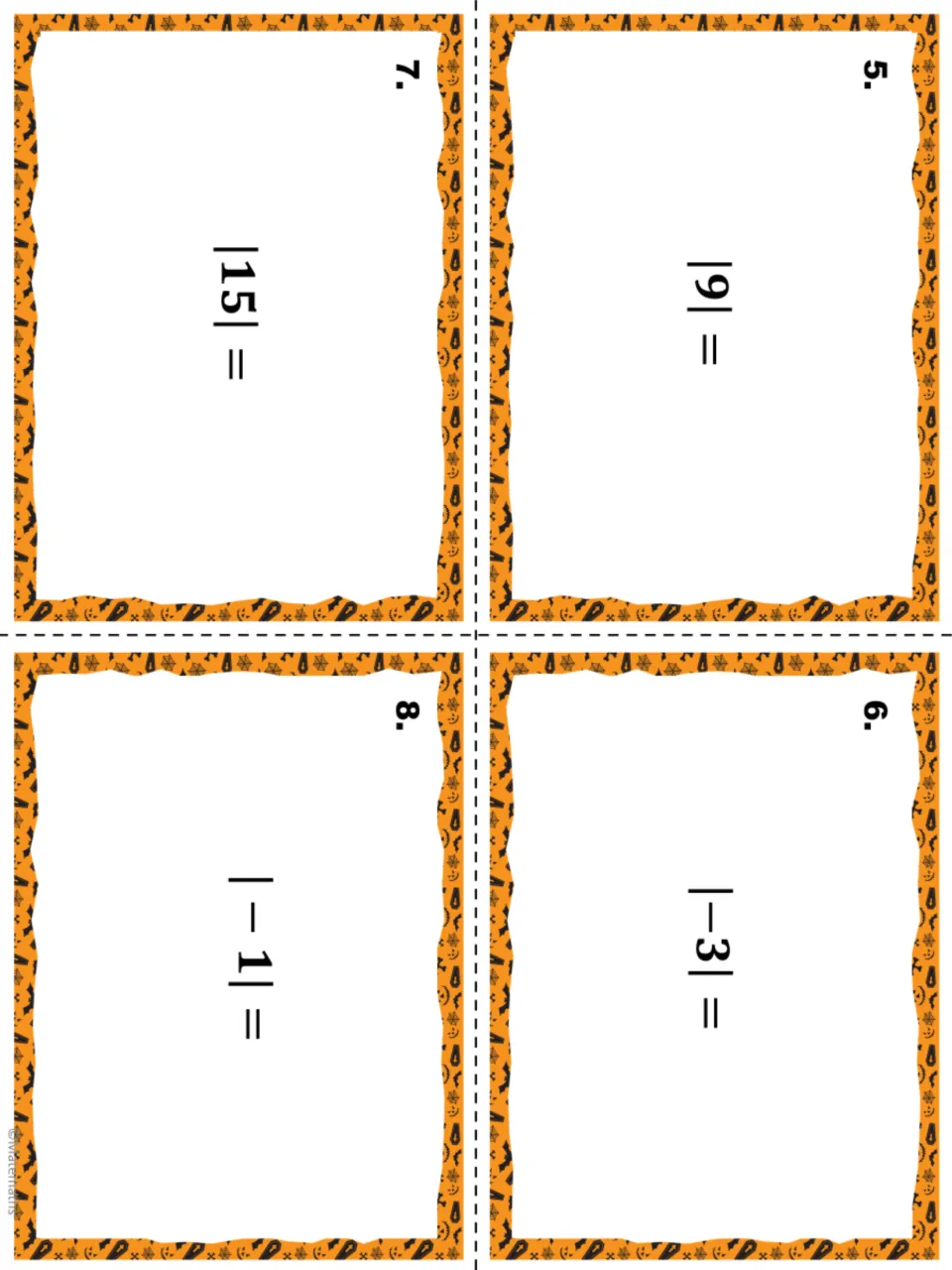 Task cards 5–8 on absolute value of integers: students evaluate |9|, |−3|, |15| and |−1| and record each answer