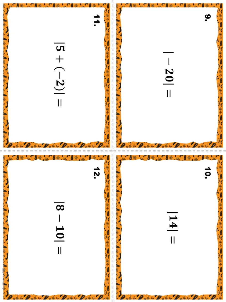 Task cards 9–12: students find absolute values of −20 and 14, then simplify 5 + (−2) and 8 − 10 inside the bars