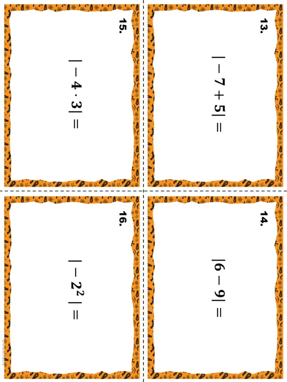 Task cards 13–16: students evaluate |−7 + 5|, |6 − 9|, |−4 · 3| and |−2²|, applying order of operations inside the bars