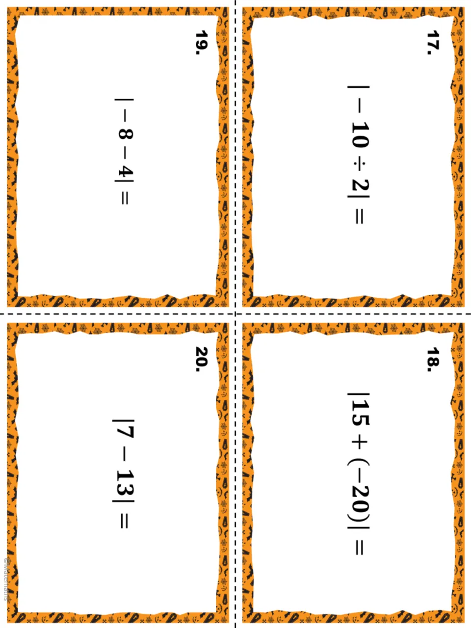 Task cards 17–20: students find |−10 ÷ 2|, |15 + (−20)|, |−8 − 4| and |7 − 13| after computing inside the bars