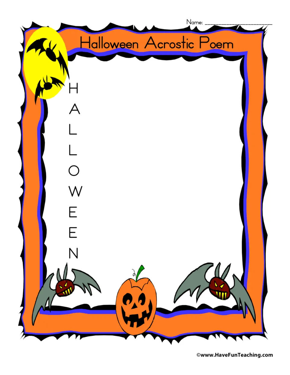 Acrostic poem worksheet headed 'Halloween Acrostic Poem' with HALLOWEEN letters to start nine poetry lines.
