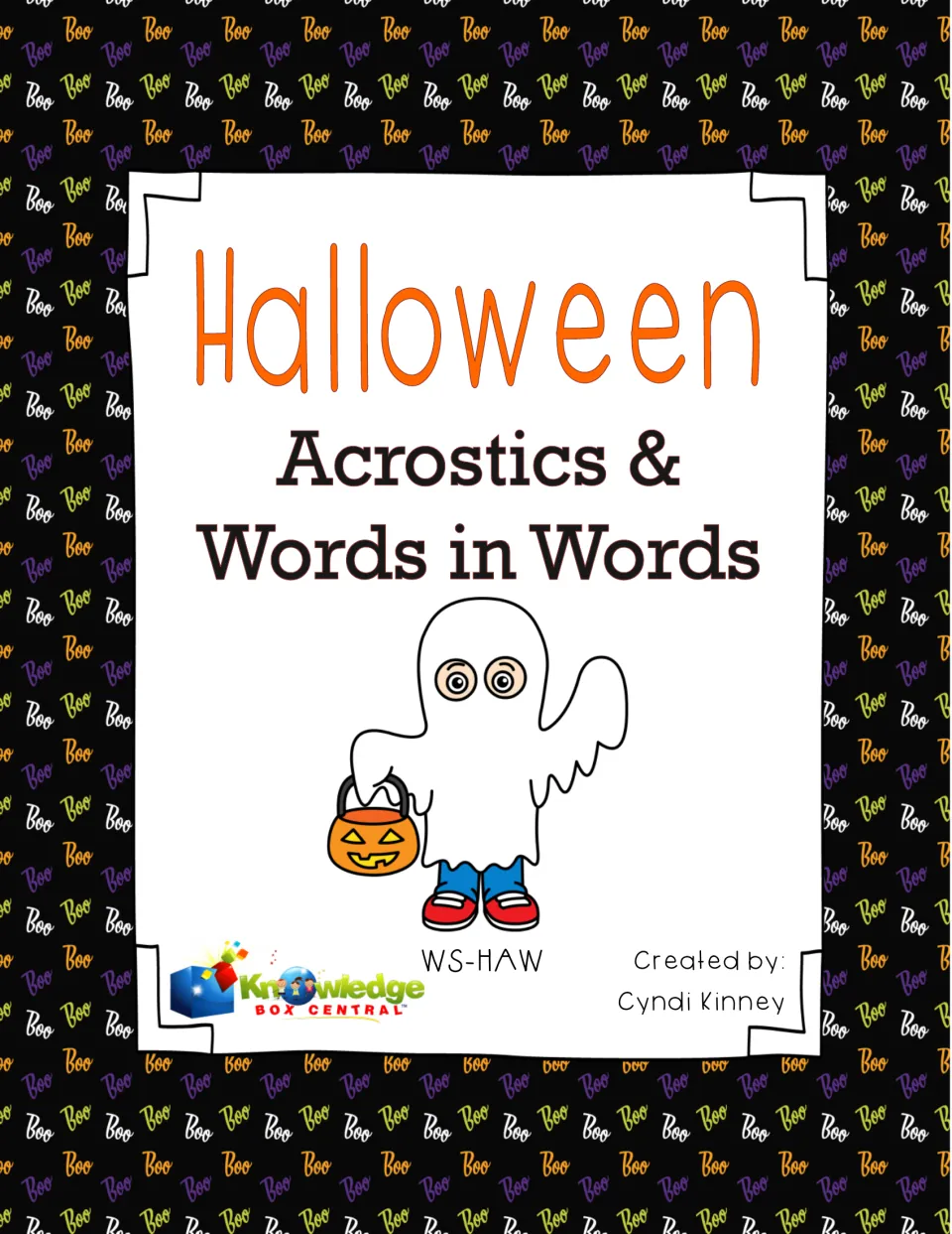 Cover for Halloween Acrostics & Words in Words by Cyndi Kinney, showing a trick-or-treating ghost holding a pumpkin pail