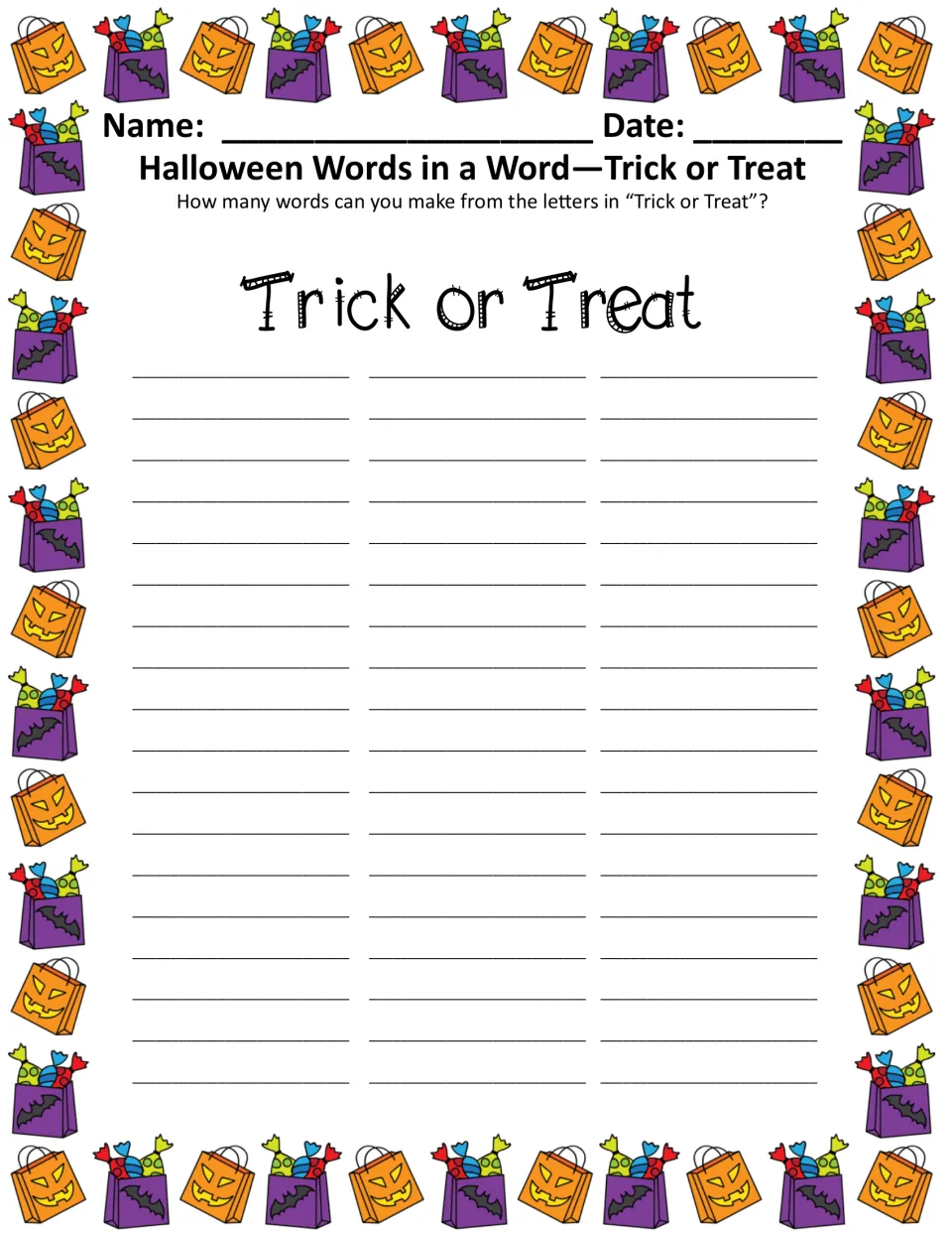 Words in a word, Trick or Treat: students spell as many words as they can from the letters in TRICK OR TREAT, color copy