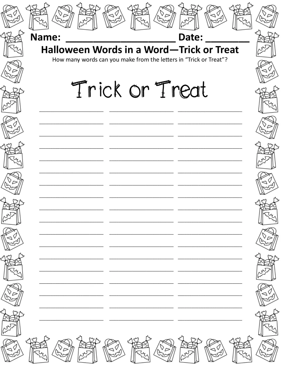 Trick or Treat words-in-a-word task in black and white: students build new words from the letters of the phrase