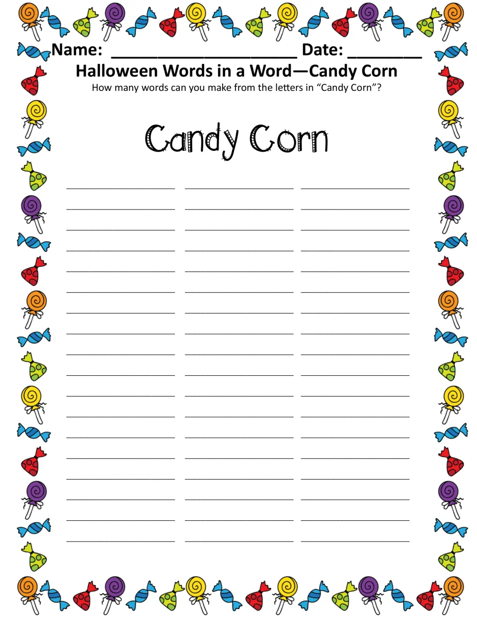 Words in a word, Candy Corn: students rearrange the letters of CANDY CORN to write as many words as they can, in color