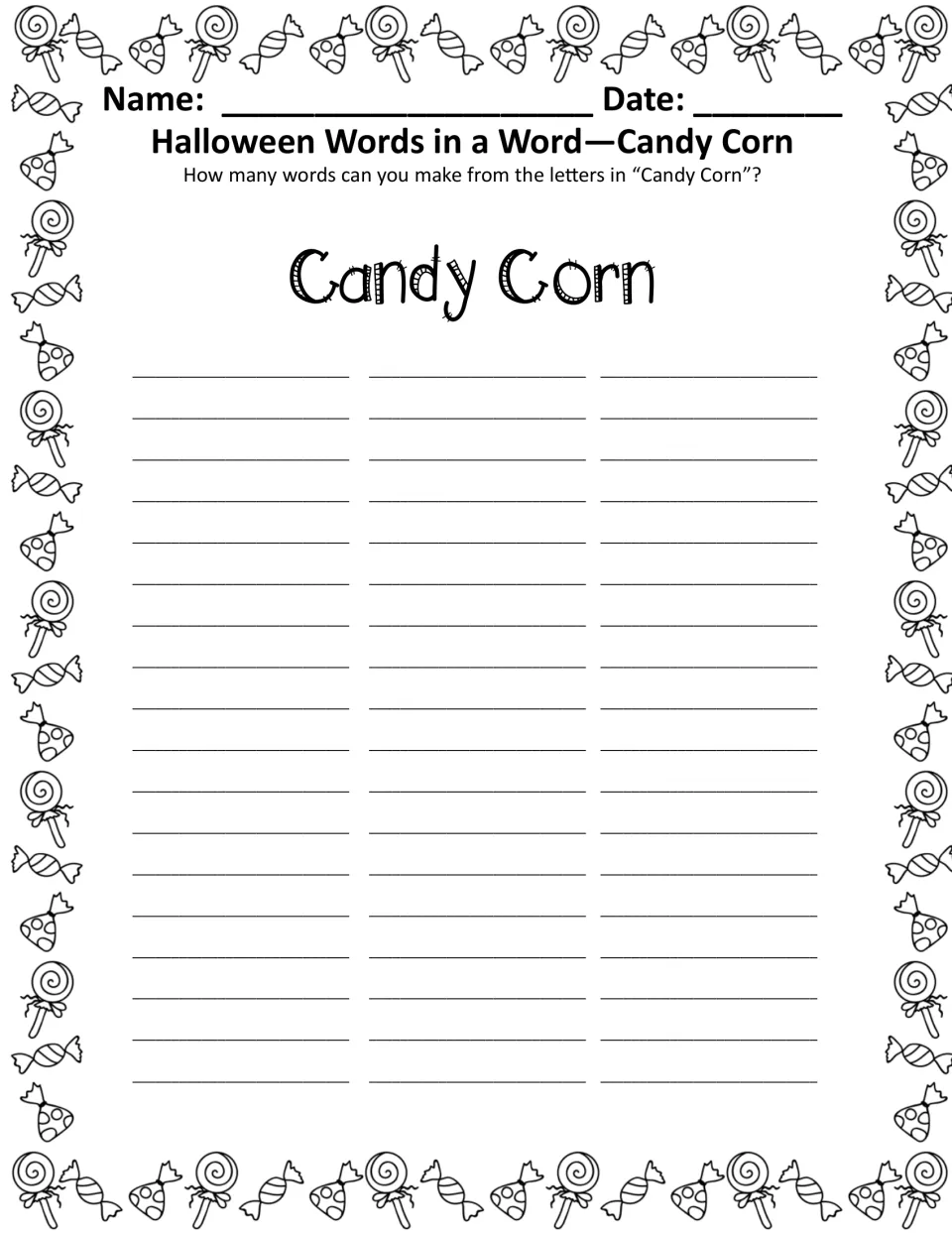 Candy Corn words-in-a-word task in black and white: students find shorter words hidden in the letters of the phrase