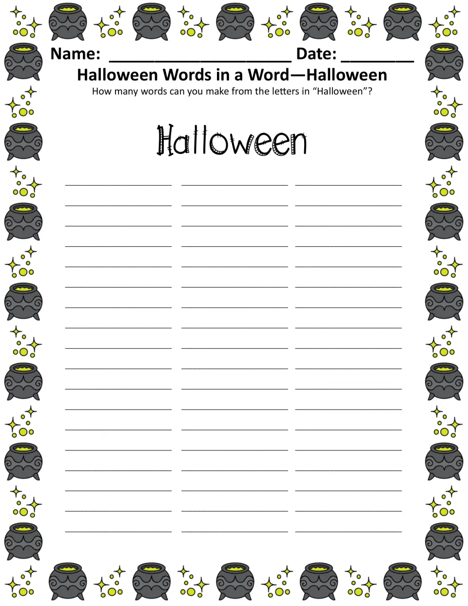 Words in a word, Halloween: students spell as many words as possible using only the letters in HALLOWEEN, color version