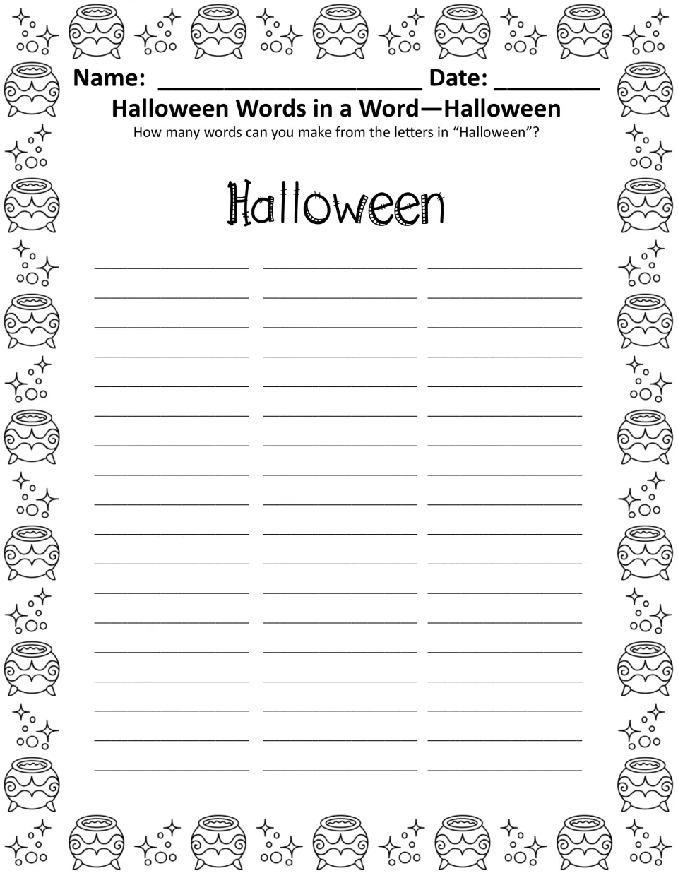Halloween words-in-a-word task in black and white: students make new words from the nine letters of HALLOWEEN