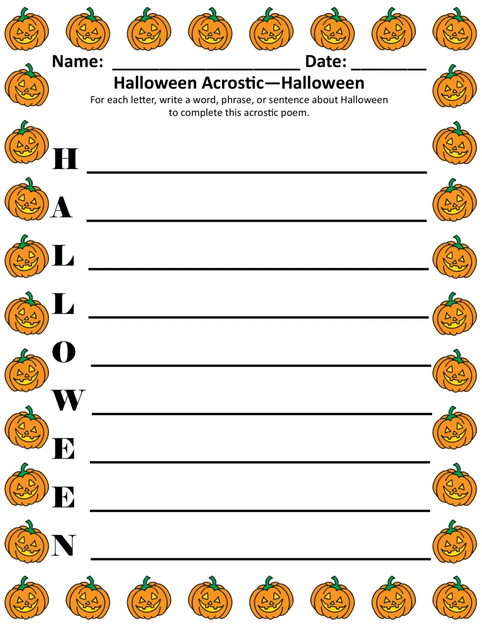 Halloween acrostic poem: students write a word, phrase or sentence about Halloween for each letter of H-A-L-L-O-W-E-E-N