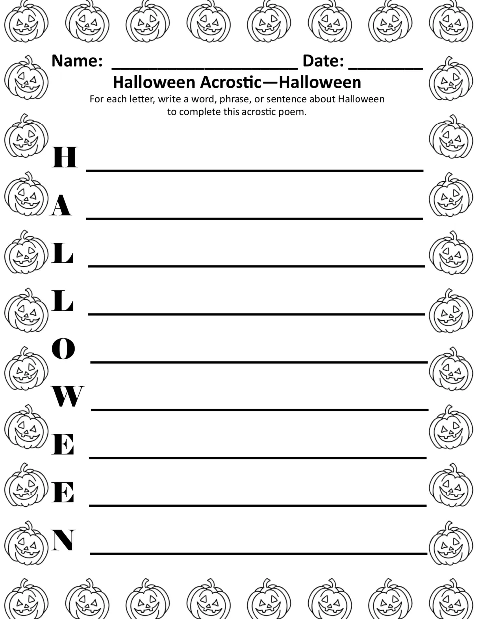 Black-and-white Halloween acrostic: students complete a poem with one Halloween word or phrase starting each letter