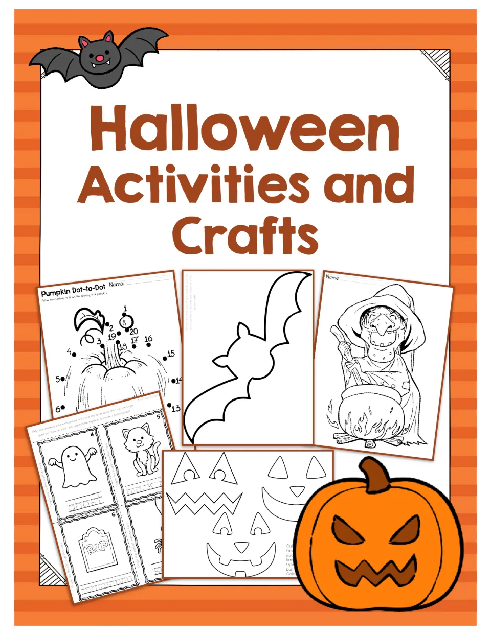 Halloween Activities and Crafts cover showing samples of a dot-to-dot, bat template, and coloring activities