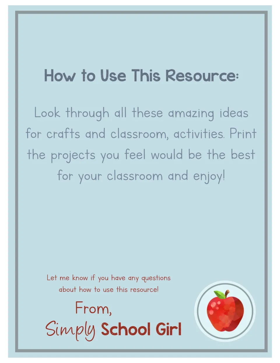 Resource instructions tell teachers to browse the crafts and activities and print projects for their classroom
