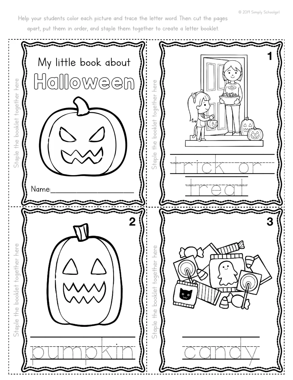 Halloween mini book cover and pages 1–3: trick or treat, pumpkin, and candy pictures with words to trace