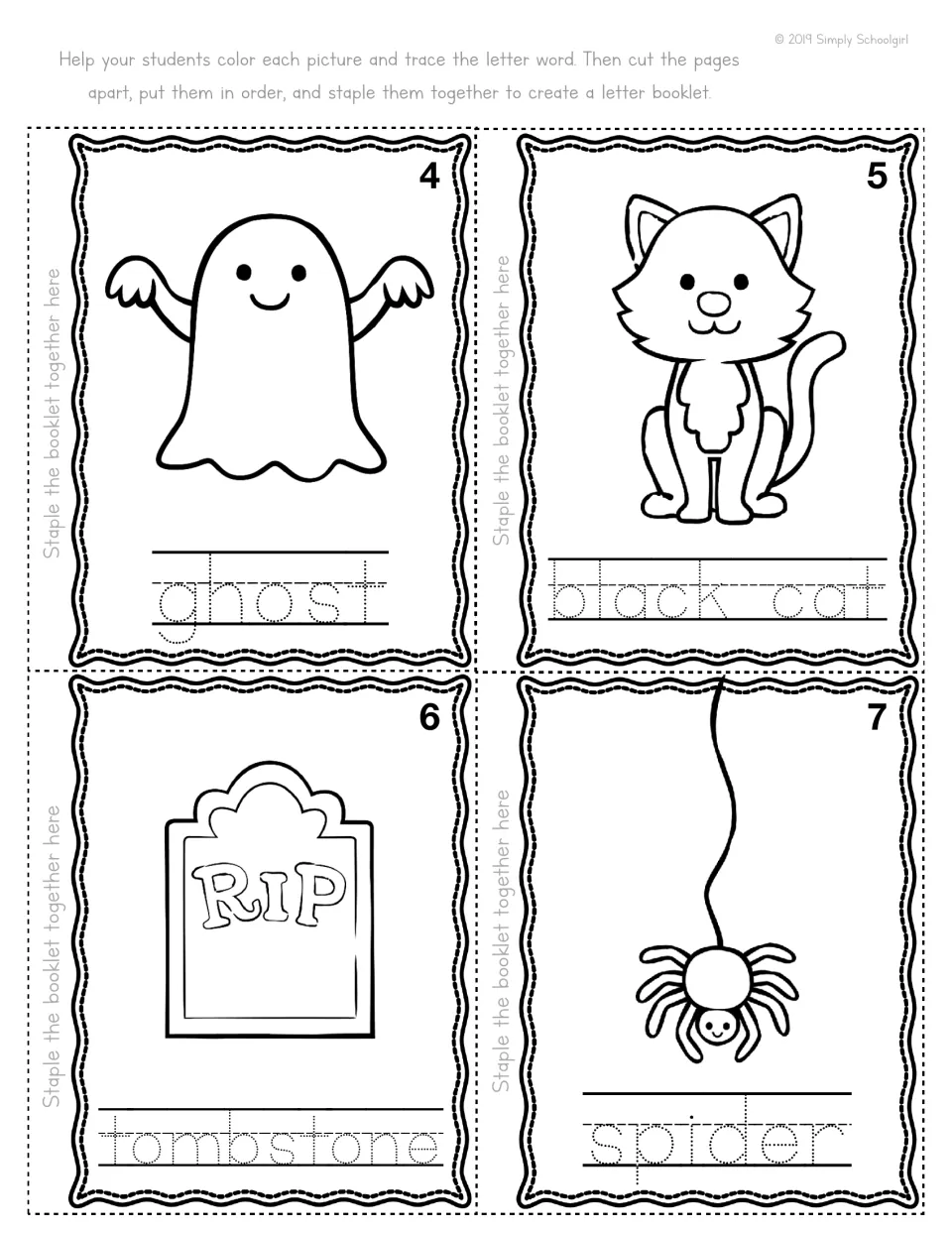 Halloween mini book pages 4–7: ghost, black cat, tombstone, and spider pictures to color with words to trace