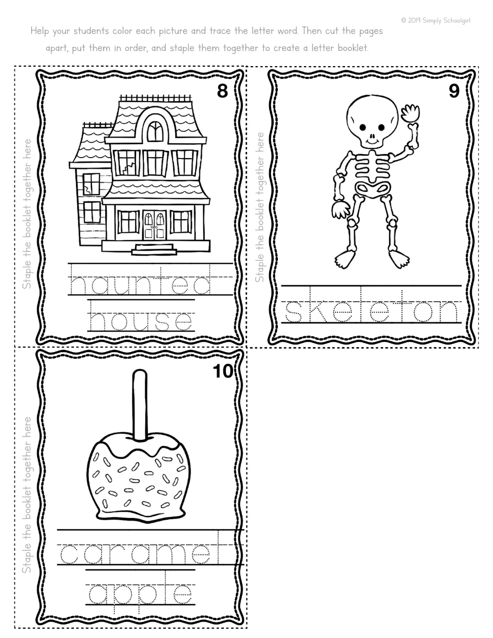 Halloween mini book pages 8–10: haunted house, skeleton, and caramel apple pictures with words to trace