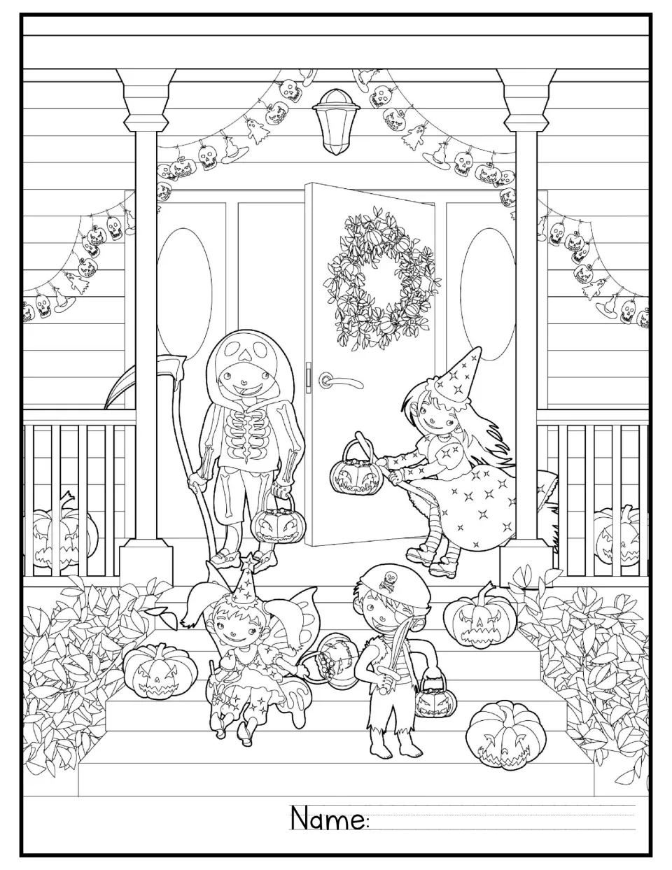 Halloween coloring activity showing four children in costumes holding pumpkin buckets on a decorated porch