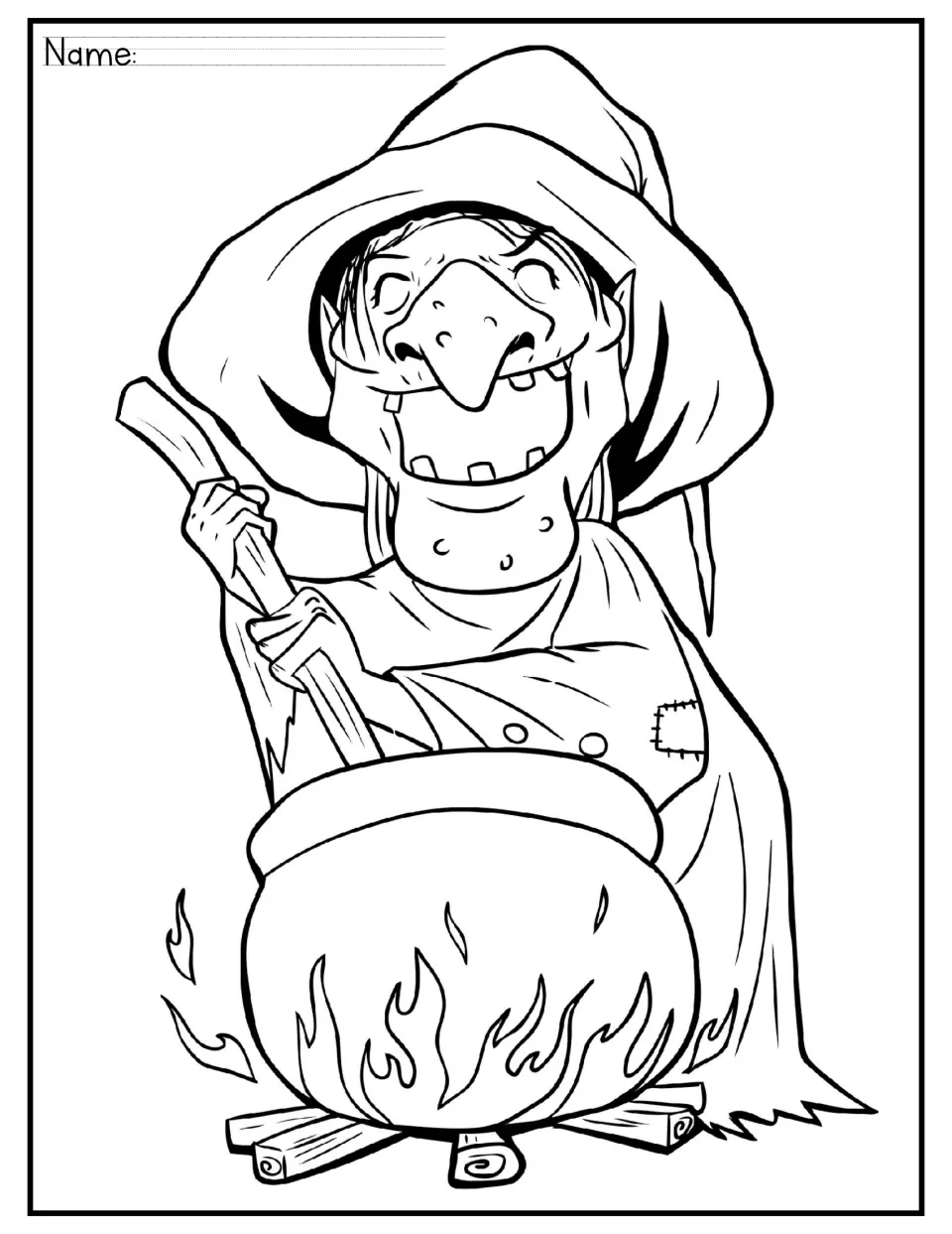 Halloween coloring activity featuring a smiling witch stirring a large cauldron over burning logs
