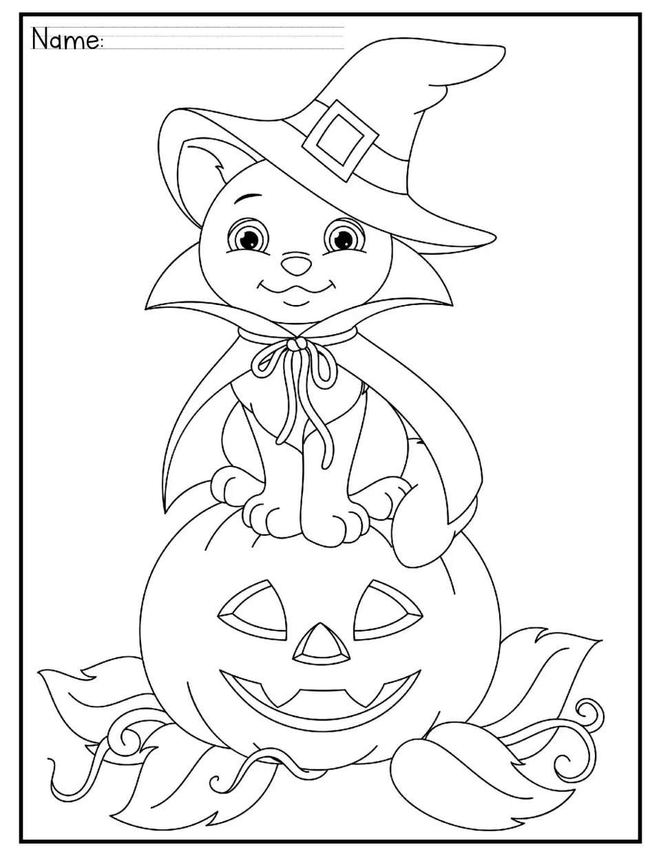 Halloween coloring activity featuring a cat wearing a witch hat and cape while sitting on a jack-o'-lantern