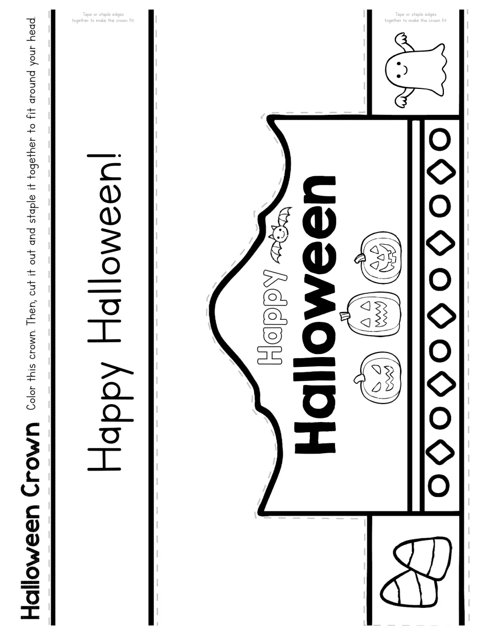 Halloween crown craft marked 'Happy Halloween' with directions to color, cut out, and staple to fit the head