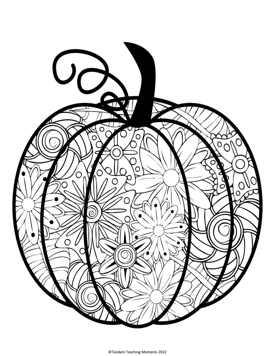 Pumpkin coloring page: students color a large pumpkin filled with flower and swirl doodle patterns and a curly vine