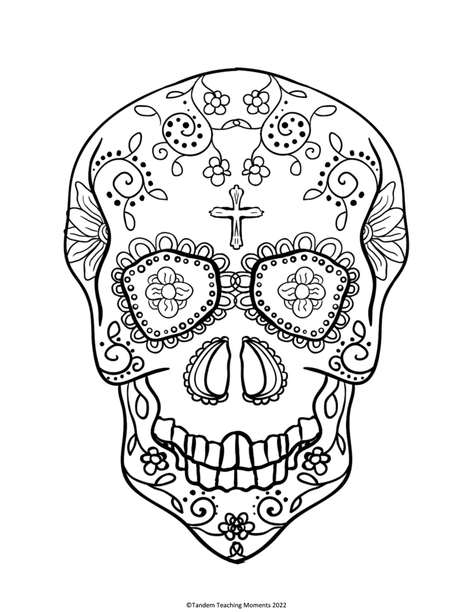 Day of the Dead sugar skull coloring page: students color a skull decorated with flowers, swirls, dots and a small cross