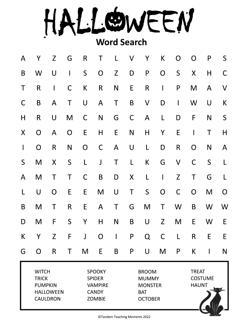 Halloween word search: students find 18 words such as witch, cauldron, vampire, mummy and costume in a 14 by 14 puzzle