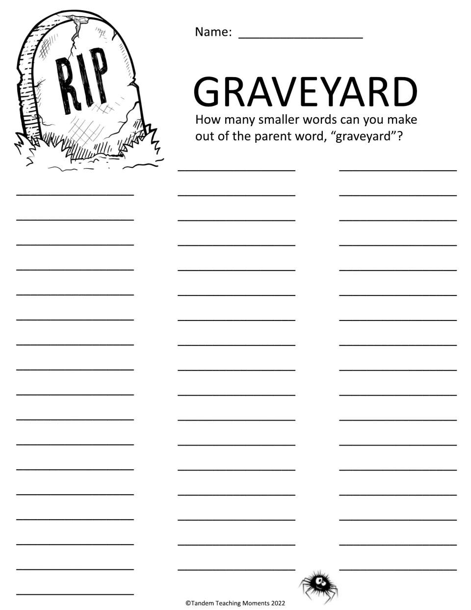 Graveyard word challenge: students build as many smaller words as they can from the letters of 'graveyard' and list them