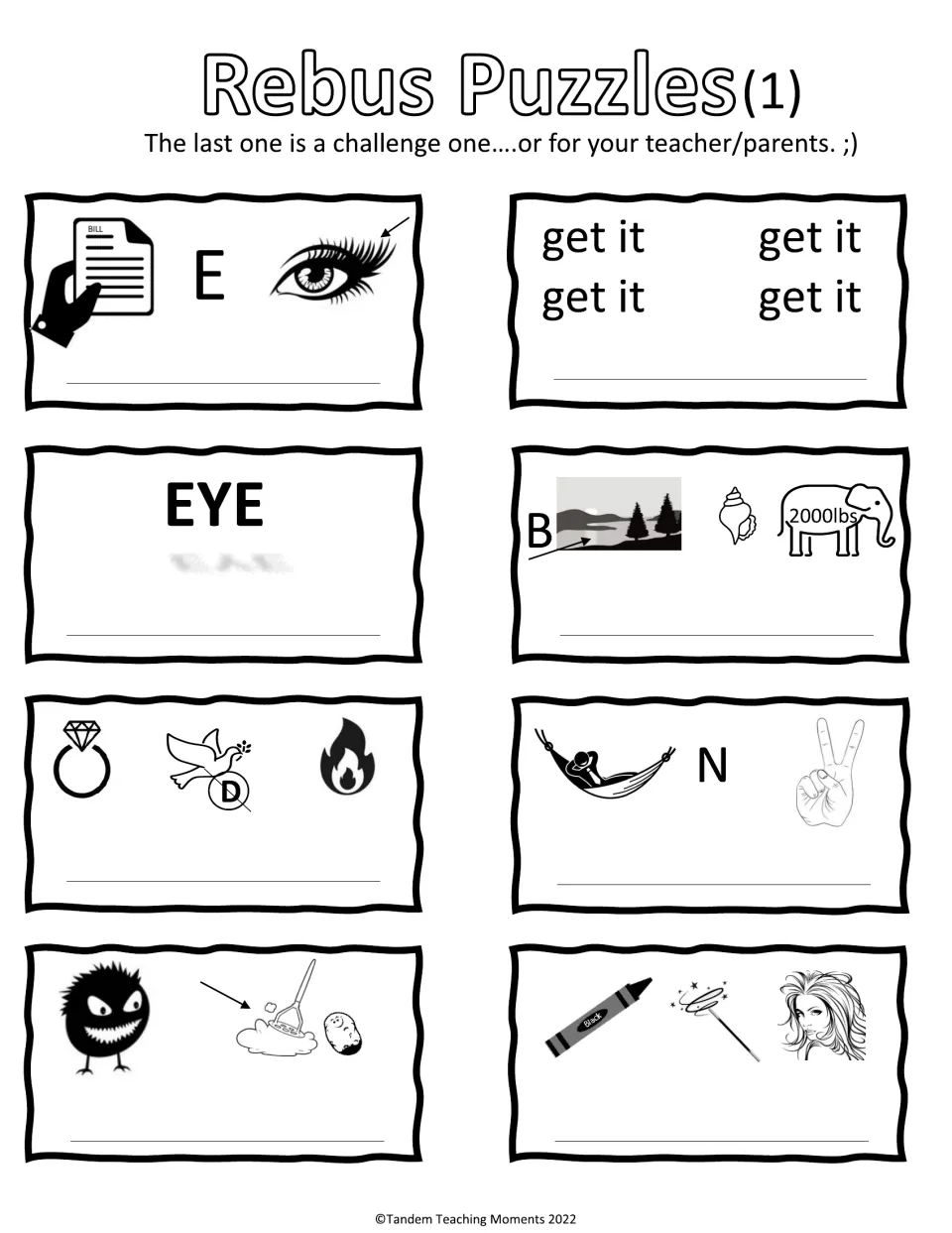 Rebus Puzzles (1): students decode 8 picture-and-letter puzzles, like 'get it' written four times, and write each phrase