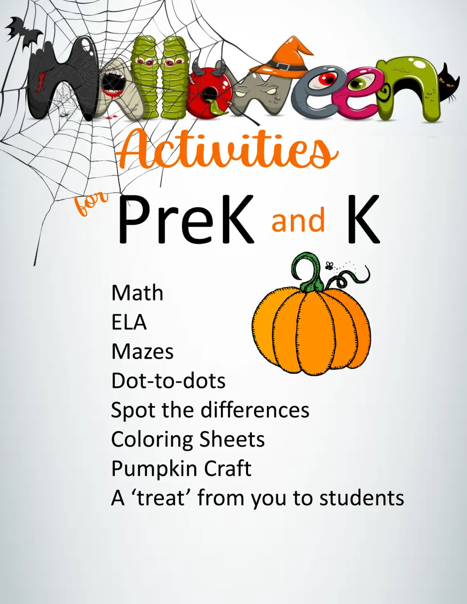 Halloween Activities for PreK and K cover listing math, ELA, mazes, dot-to-dots, spot the differences, coloring and a craft