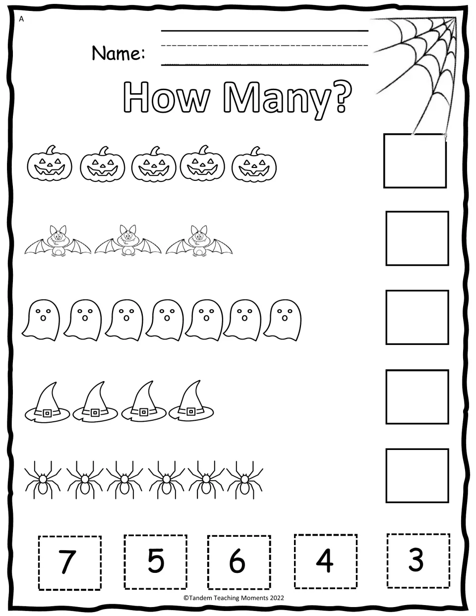 How Many? counting: students count rows of pumpkins, bats, ghosts, hats and spiders and glue on number tiles 3 to 7