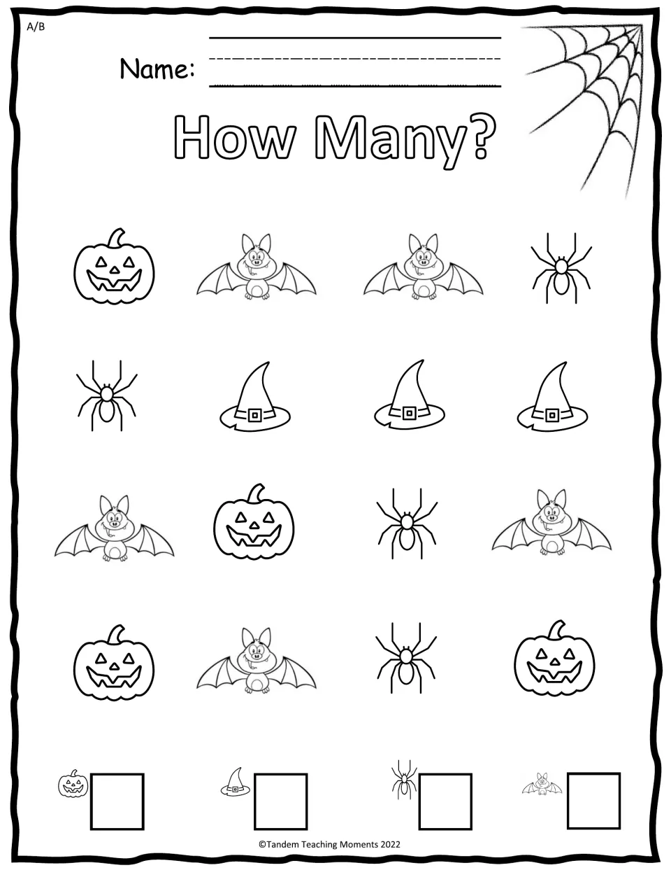 How Many? sorting and counting: students count mixed jack-o'-lanterns, witch hats, spiders and bats and write each total