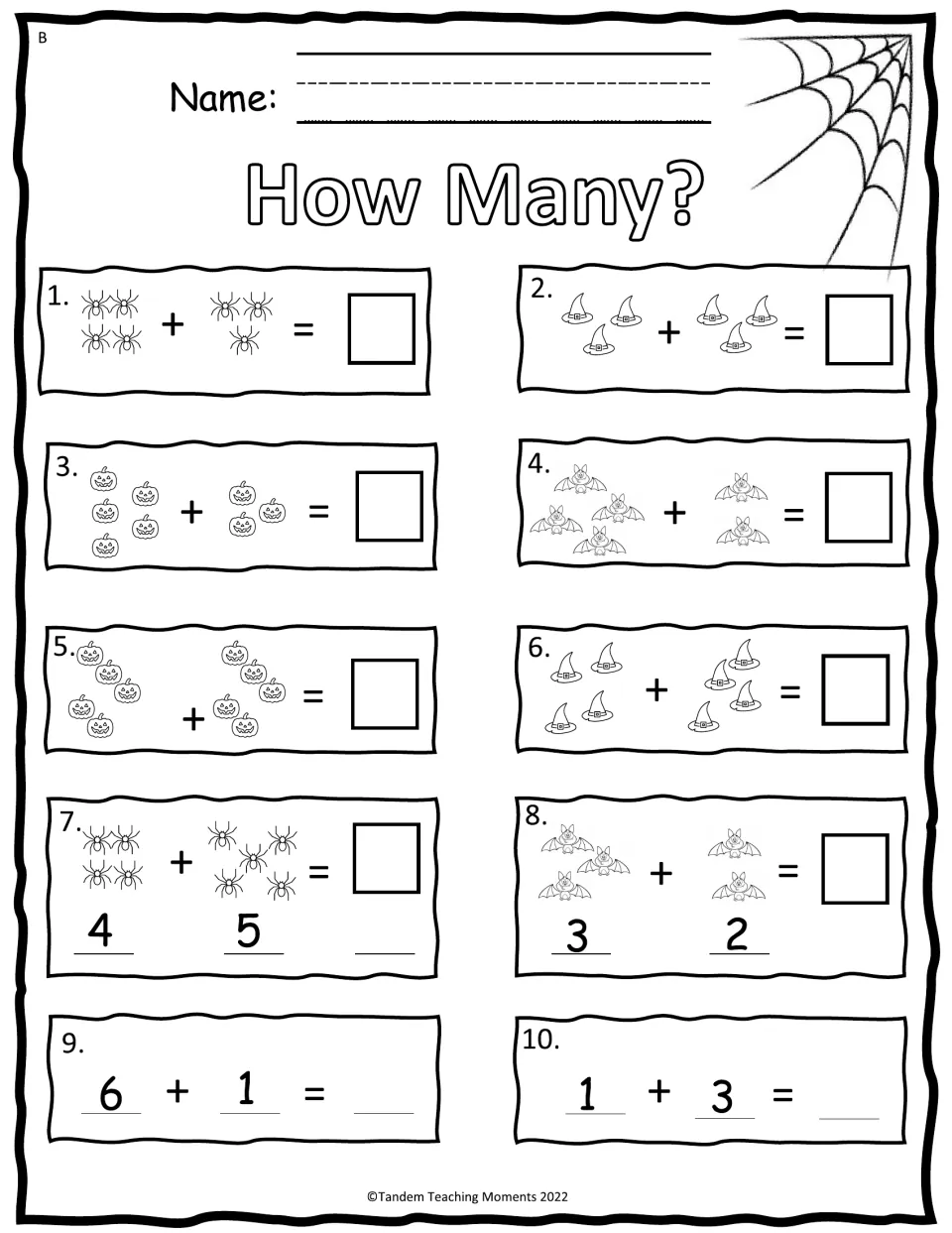 How Many? addition: students add groups of spiders, hats, pumpkins and bats, then solve 6 + 1 and 1 + 3 with numbers only