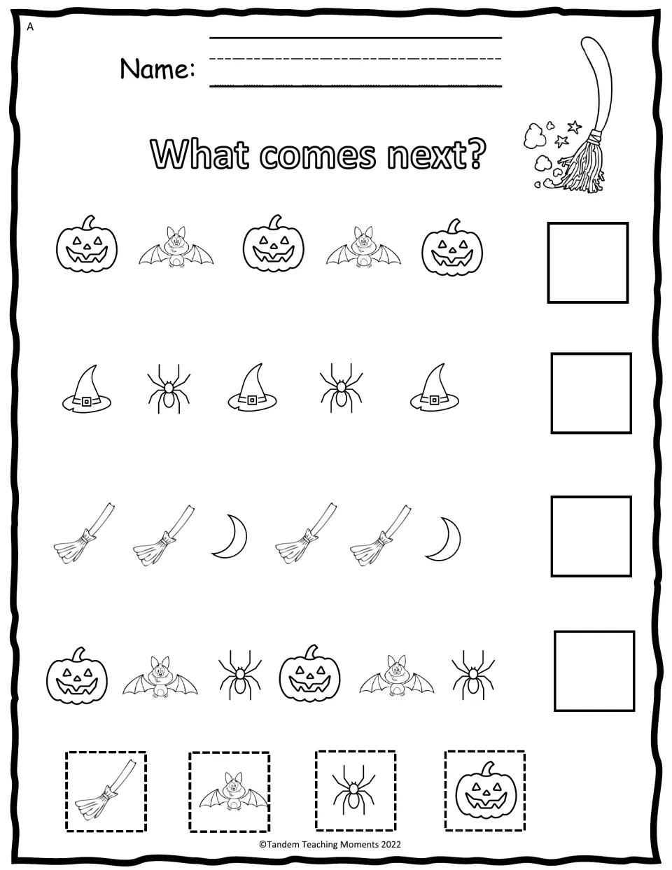 What comes next? patterns: students extend four picture patterns by gluing on a broom, bat, spider or pumpkin