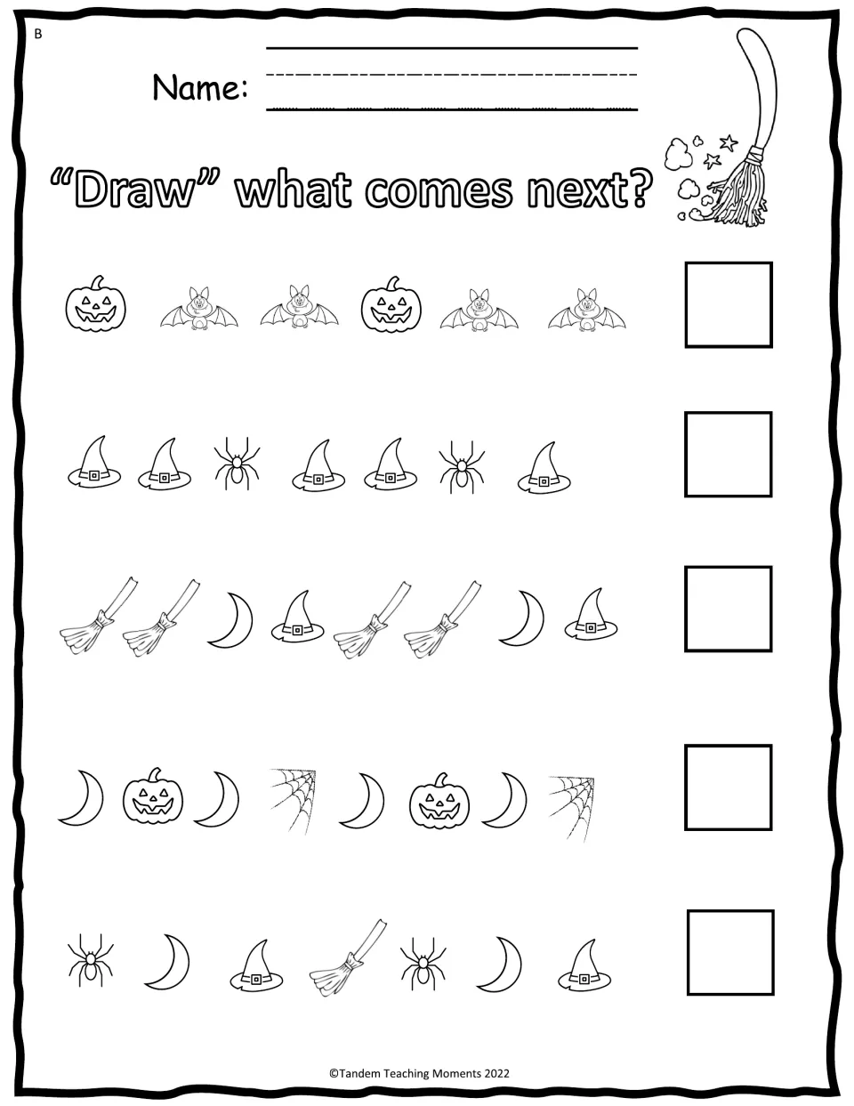 Draw what comes next: students extend five Halloween patterns of bats, hats, spiders, brooms, moons and webs by drawing