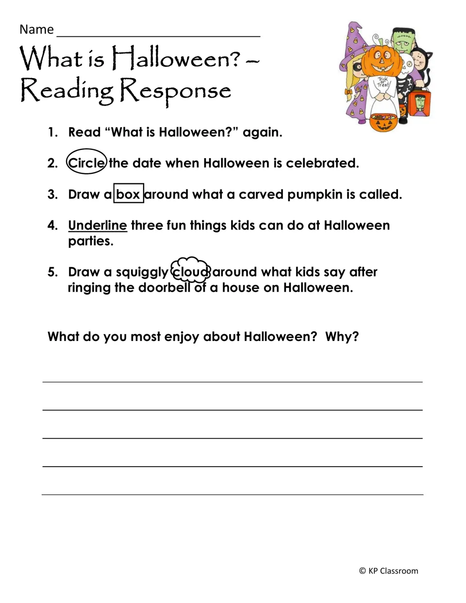 What is Halloween? reading response: students circle, box, underline and cloud details, then write what they enjoy