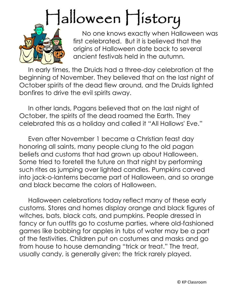 Halloween History passage on Druid bonfires, Pagan All Hallows' Eve, orange and black colors and customs that remain today
