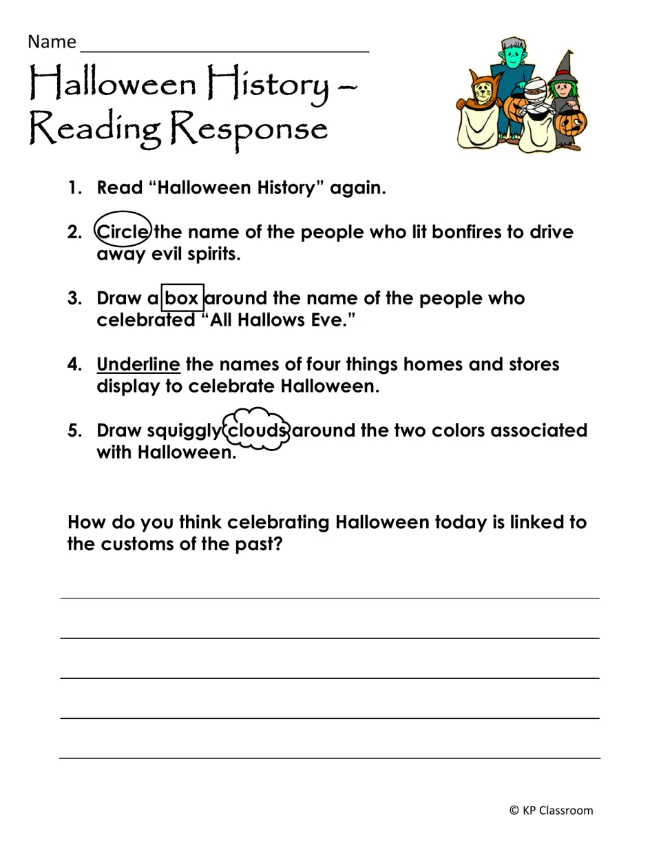 Halloween History reading response: students mark Druids, Pagans, displays and colors, then link past and present