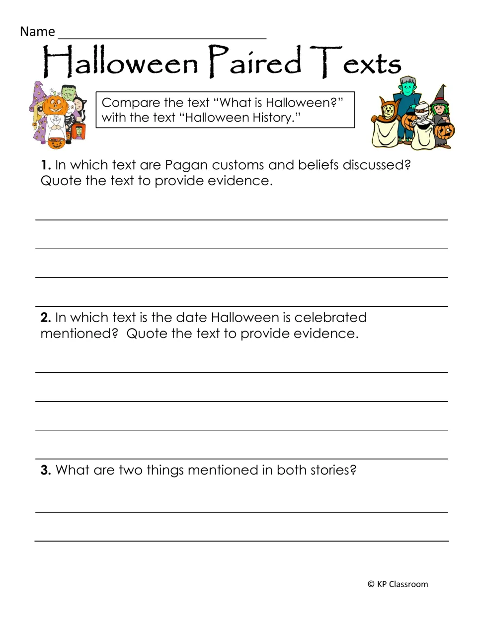 Paired texts: students compare What is Halloween? and Halloween History, quoting text evidence and naming shared details