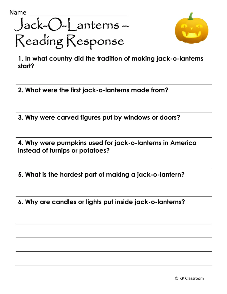 Jack-O-Lanterns comprehension: six questions on the tradition's Irish start, turnips, pumpkins in America and candles