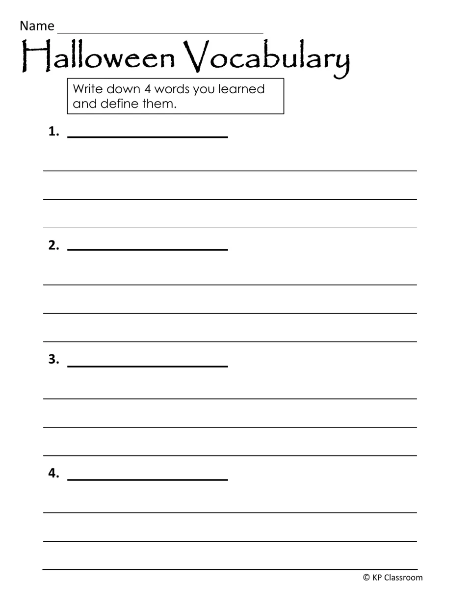 Halloween vocabulary: students write down four words they learned and write a definition for each one