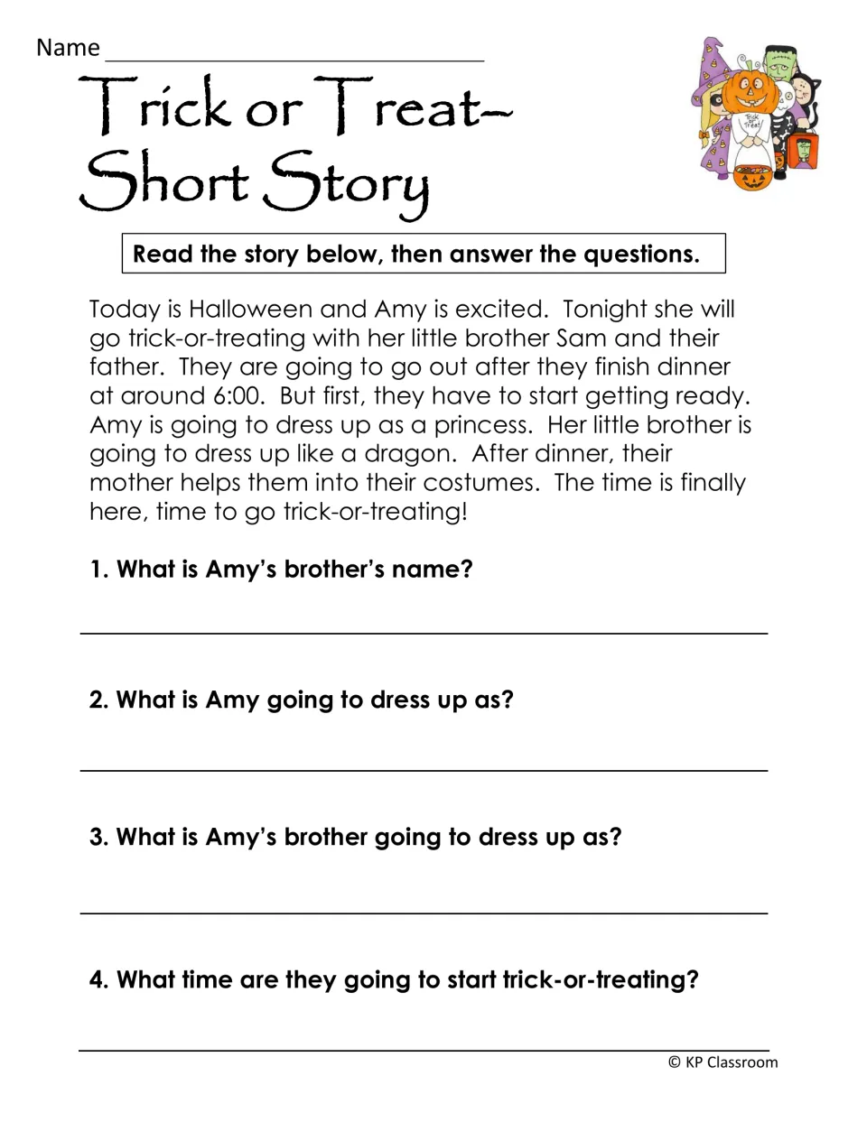 Trick or Treat short story about Amy and her brother Sam getting ready; students answer four recall questions